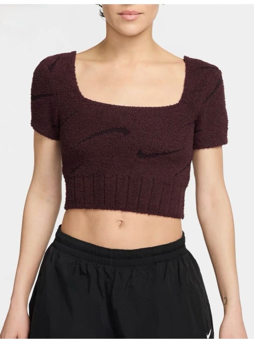 Nike Fuzzy Cropped Short Sleeve Top Burgundy XS Cozy Y2K Athleisure